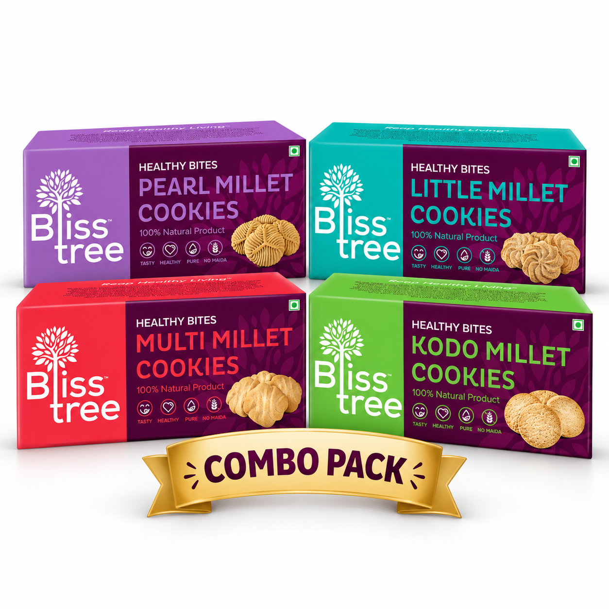 Blisstree Millet Cookies Combo Pack – 4 Varieties | Little, Pearl, Multi & Kodo Millet Cookies